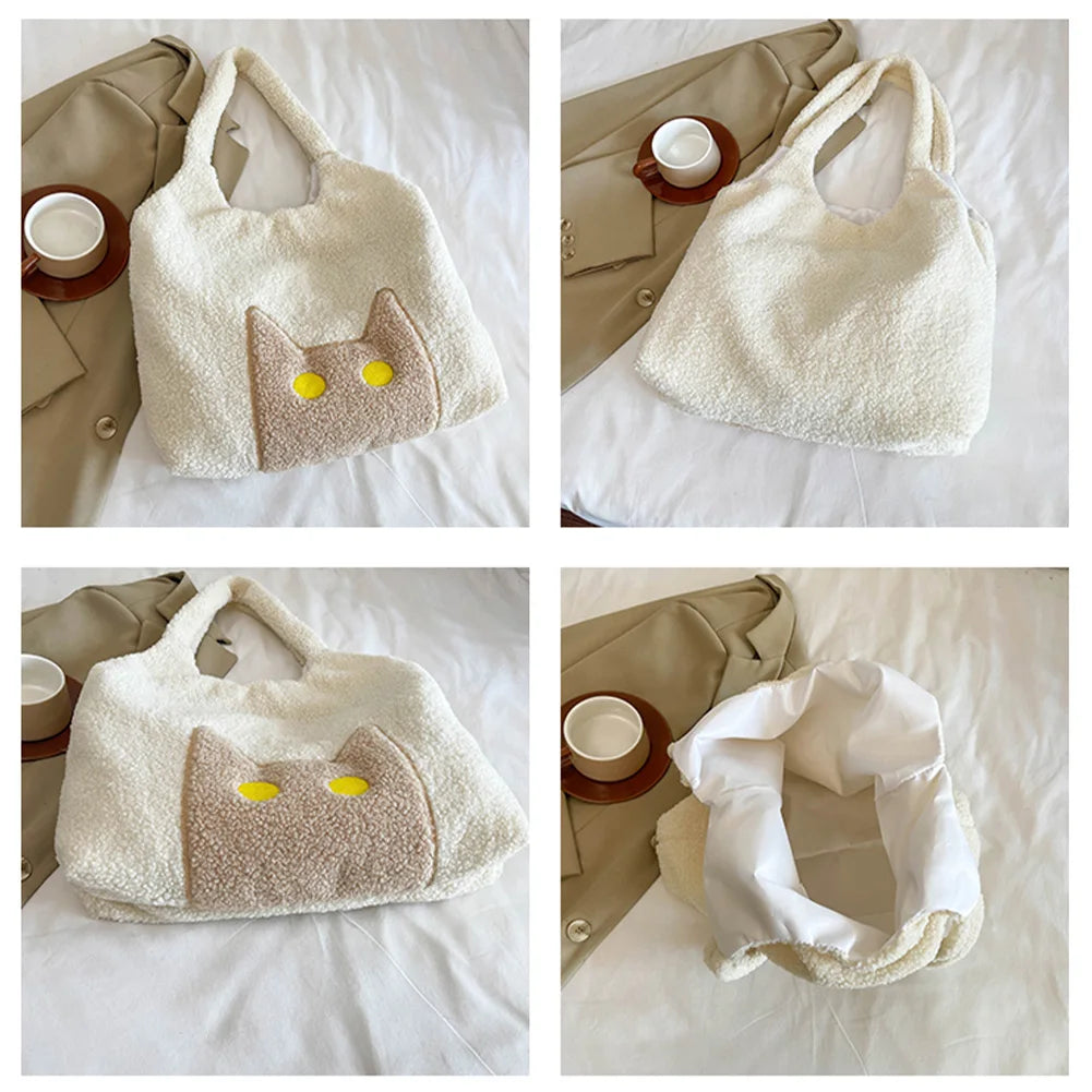 Women Lambs Wool Tote Handbag Large Capacity Plush Tote Bag Cute Cat Satchel Bag Fluffy Purse Shopping Dating Bag