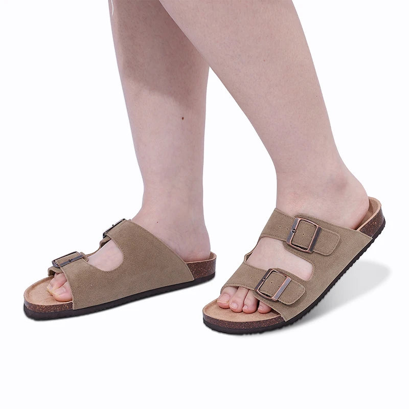Fashion Women's Suede Mules Slippers Men Clogs Cork Insole Sandals With Arch Support Outdoor Beach Slides Home Shoes