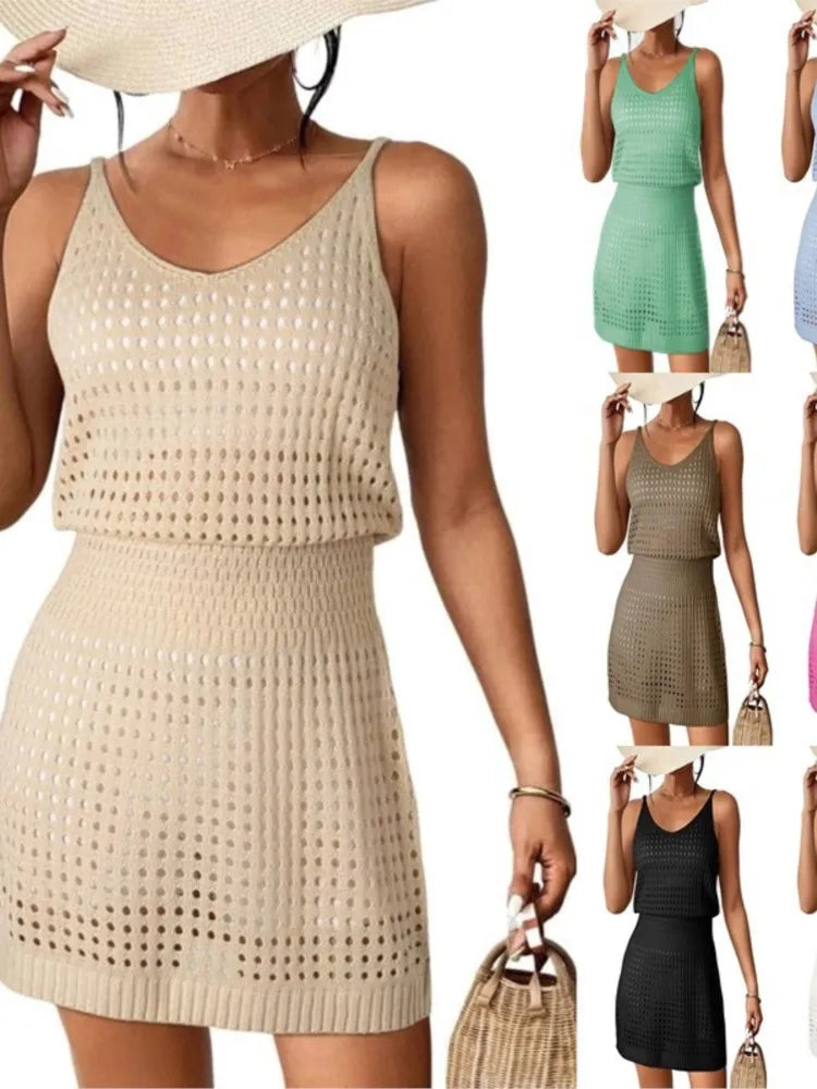 Summer Hollow Out Knitting Mini Spaghetti Strap Dresses Women Sexy V-neck Backless Vacation Beach Dress Casual Beachwear Vestido