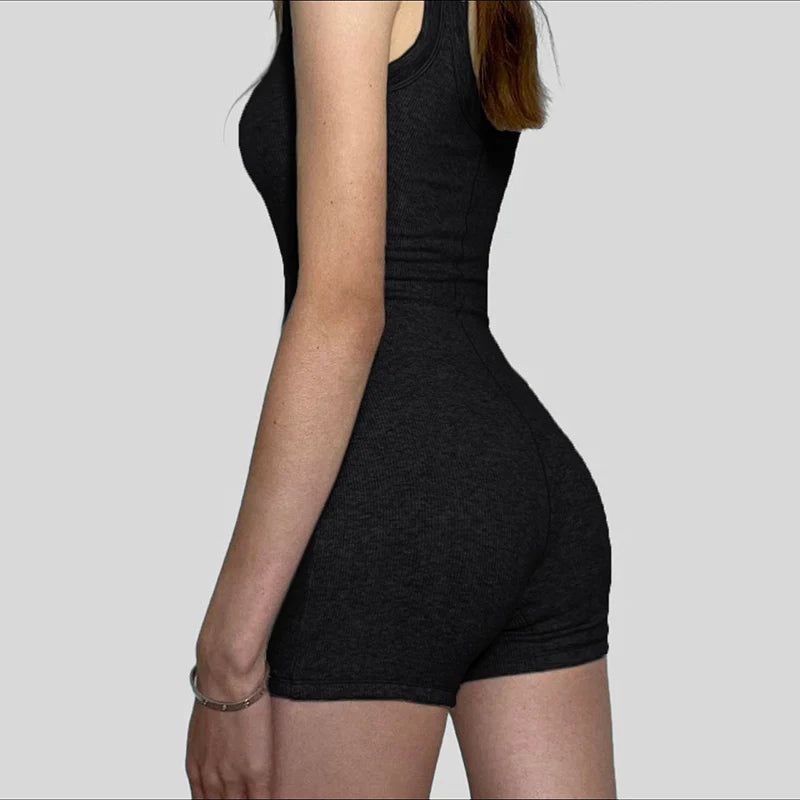 BIIKPIIK Solid Square Collar Women Rompers Casual Sleeveless Knit Playsuits Sporty Jogging Slim Fit Overalls Body-shaping Summer