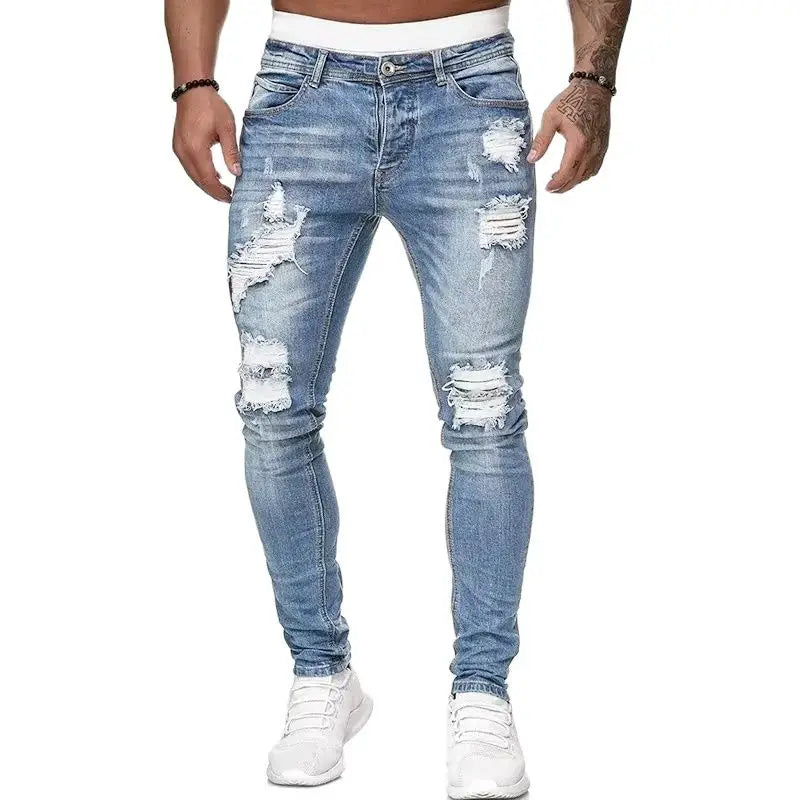 2025 ipped Mid Waist Slim Fit Men Jeans Vintage Denim Wash Solid Punk Style Skinny Pencil Pants Distressed Holes Ankle Length