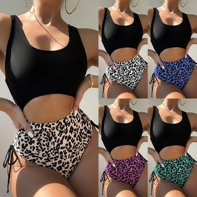 2024 Leopard Print Bikini High Waist One Piece Swimsuit for Women Sexy Hollow Out Swimwear Summer Beach Vacation Monokini New