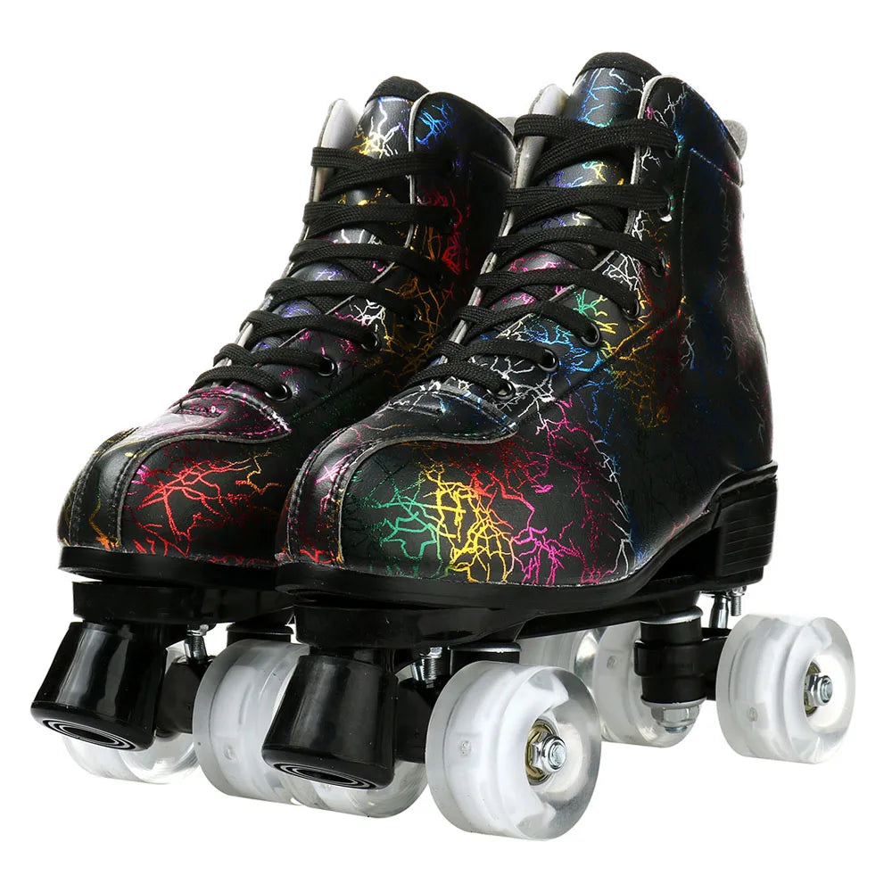 Unisex Roller Skates PU Leather Roller Skates Skating Shoes Zebra Printed Roller Skates Quad Skates Sneakers Flash Wheel Shoes