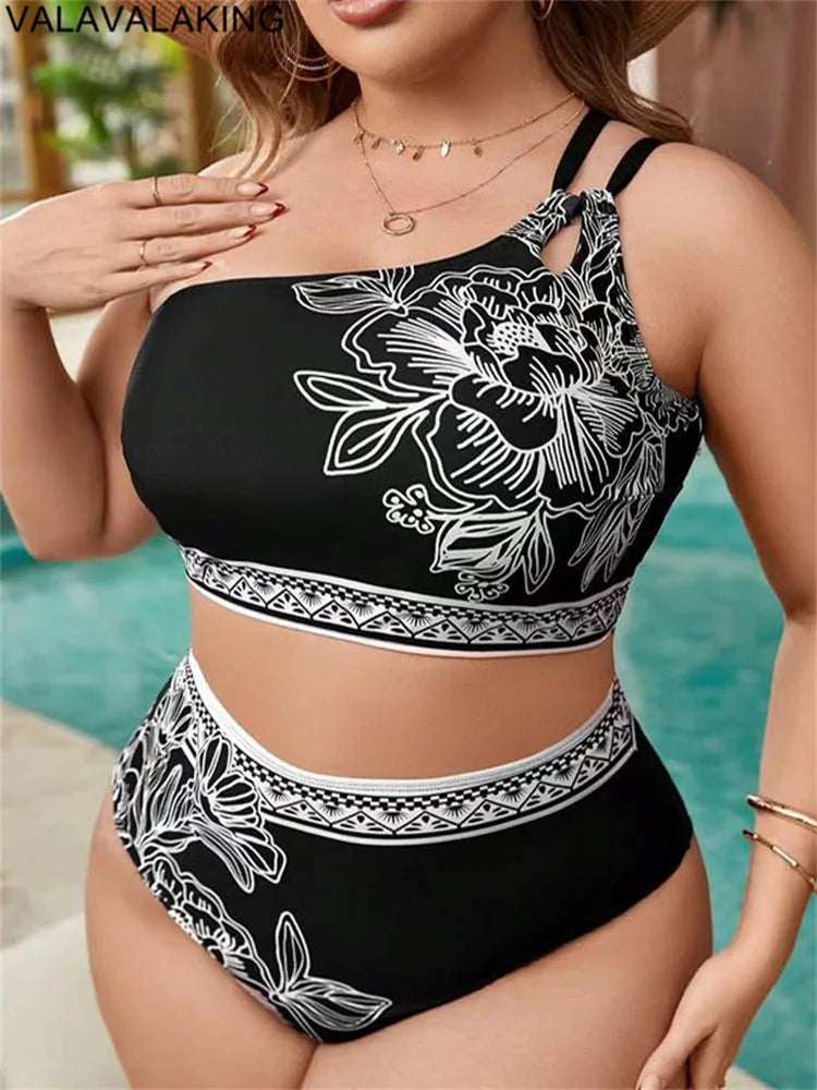 2025 Print One-shoulder Two Piece Plus Size Bikini Women High Waist Large Swimsuit Lady Chubby Swimwear Beach Curvy Bathing Suit