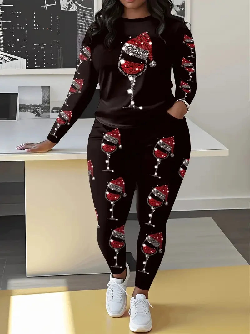 Plus Size Women's Casual Suit, Fashionable Tall Wine Glass Print Two-Piece Set