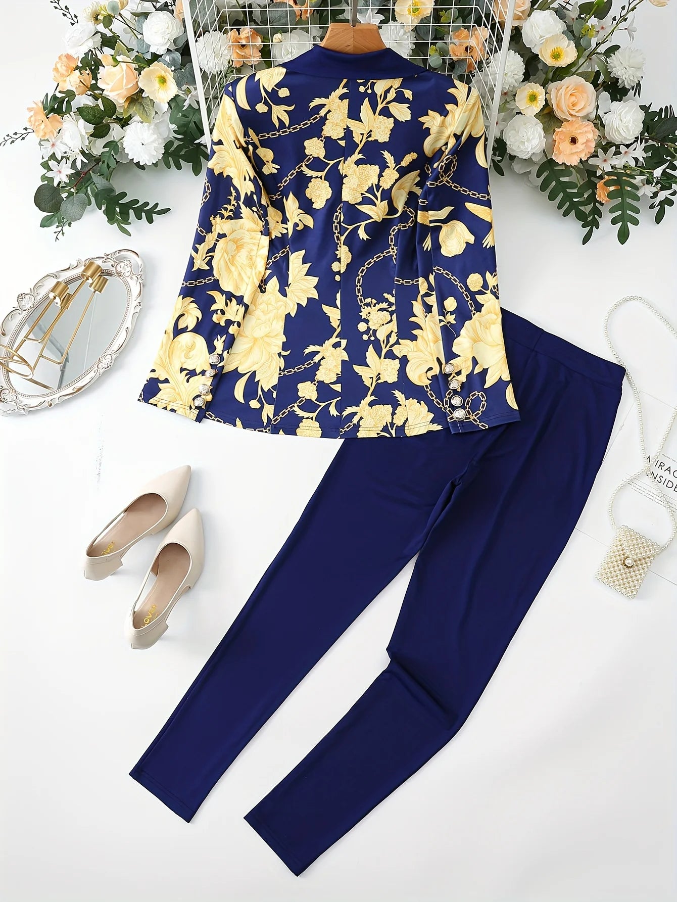 Urban elegance and romantic party gold floral chain digital print casual stretch top suit jacket and elastic waistband colorful