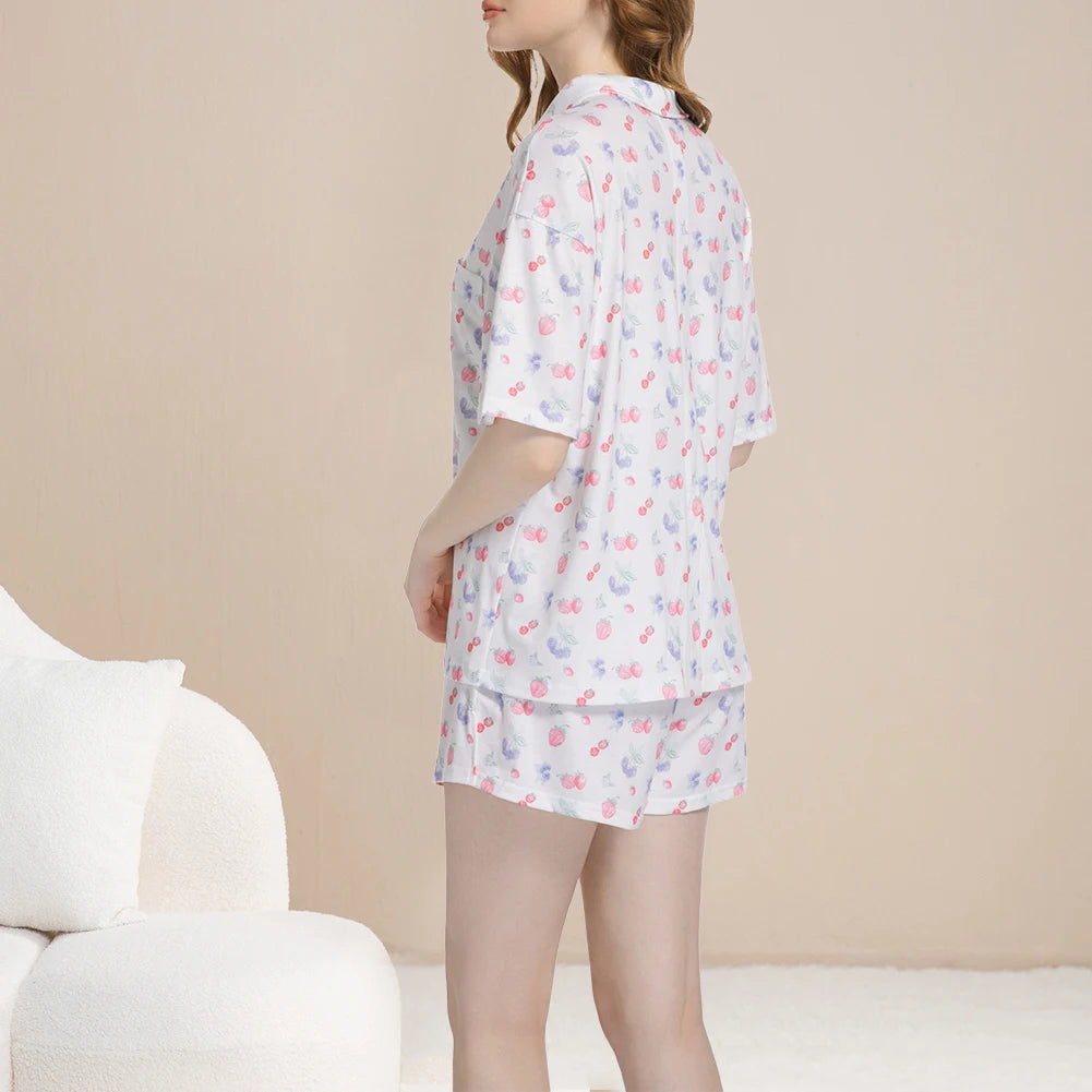 Women Fruit Print Pajamas Set Breathable Soft Loungewear Button Down Sleepwear Cute Pyjama Trousers Set for Loose Home Wear
