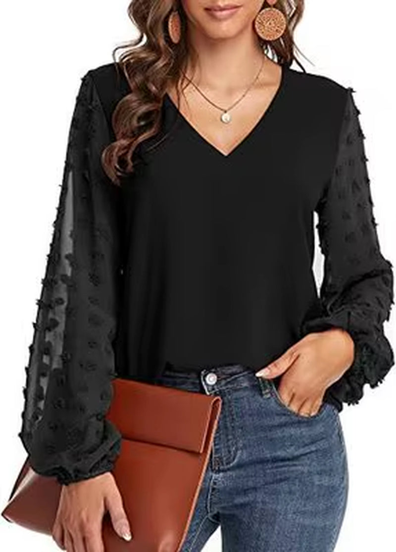 2025 Women'S Top Pearl V Neck Lace Gauze Puff Sleeve Bottoming Shirt Ladies Blouse