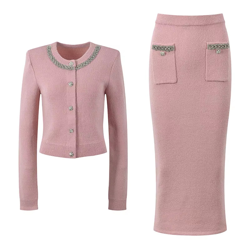 2024 French Style Lady Solid Suit Rhinestone O-Neck Long Sleeve Single-Breasted Cardigan Slim Long Skirt Women Knit 2Pcs
