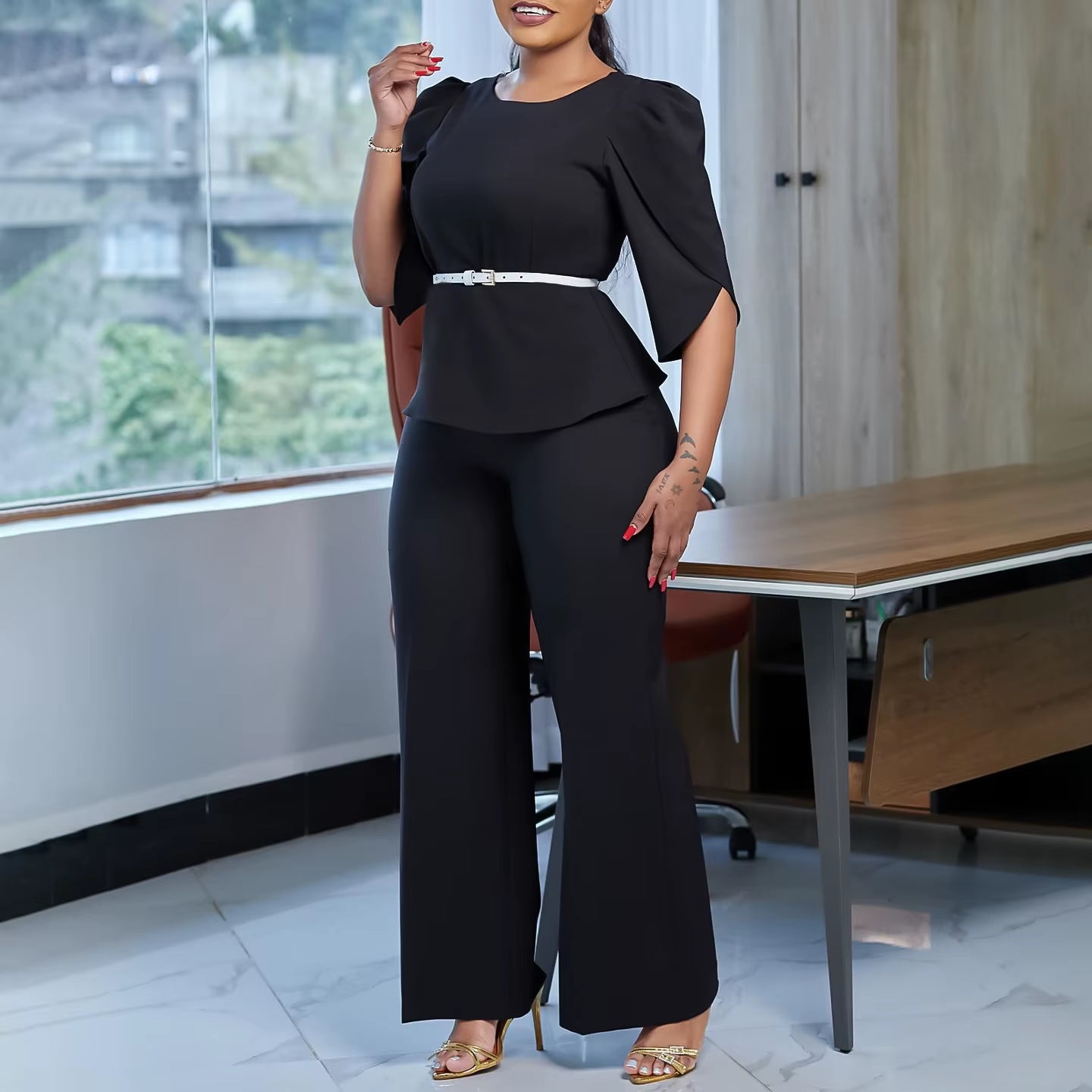 2025 New Elegant Suit O-Neck Half Sleeve with Belt Shirt Blouse Top Wide Leg Pants Two Piece Lady Summer Office Set for Women