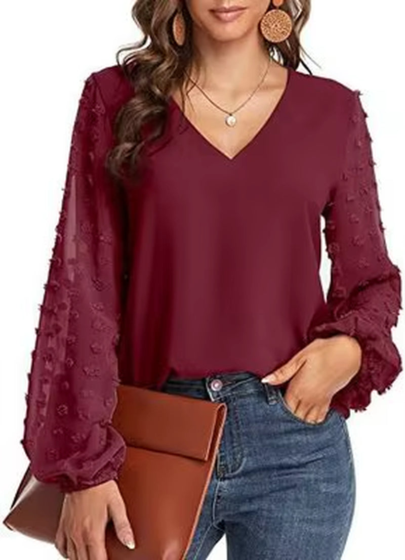 2025 Women'S Top Pearl V Neck Lace Gauze Puff Sleeve Bottoming Shirt Ladies Blouse