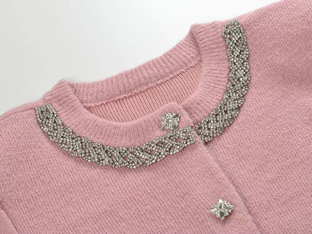 2024 French Style Lady Solid Suit Rhinestone O-Neck Long Sleeve Single-Breasted Cardigan Slim Long Skirt Women Knit 2Pcs